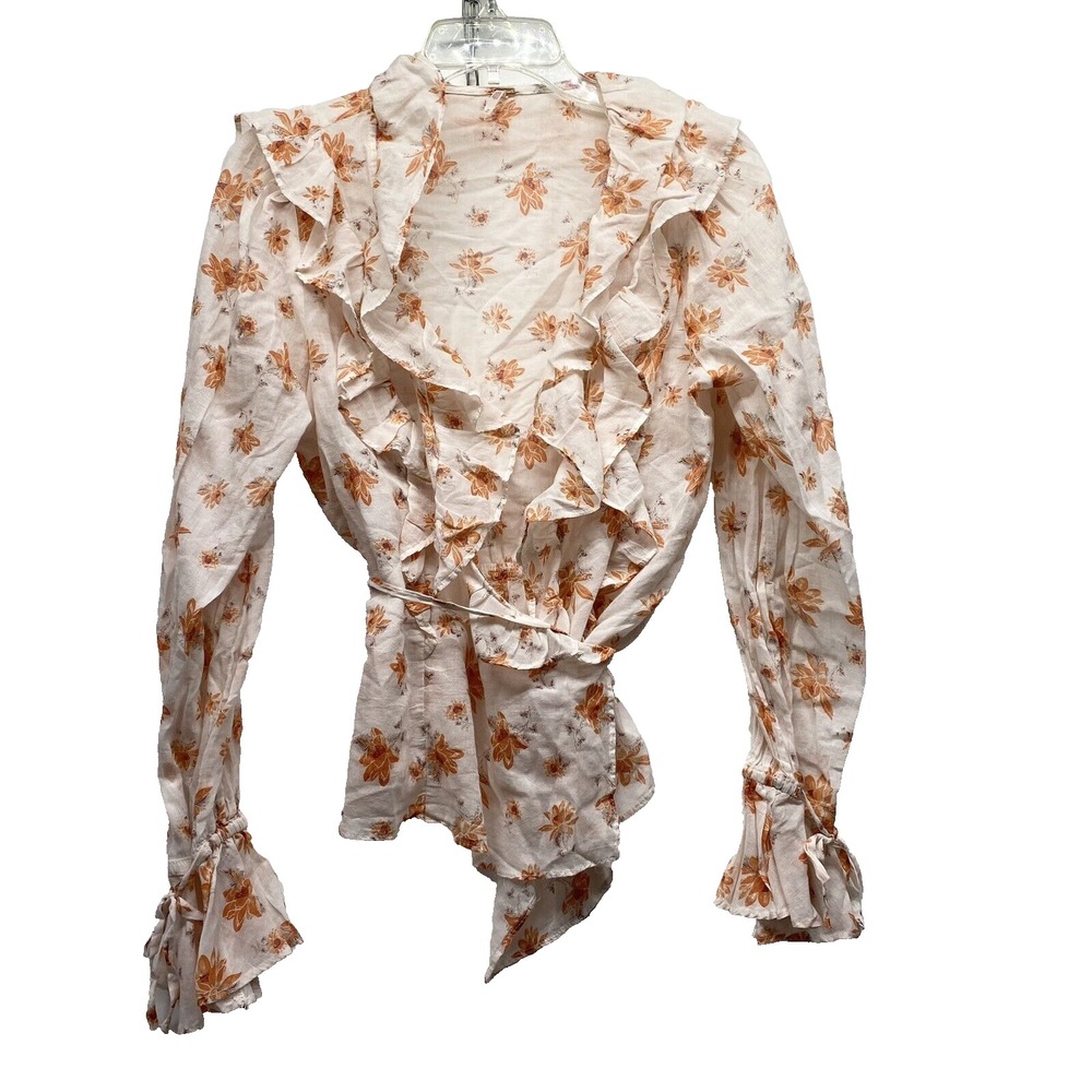 Free People Women's Medium Floral Wrap Ruffle Blouse Top (E4)
